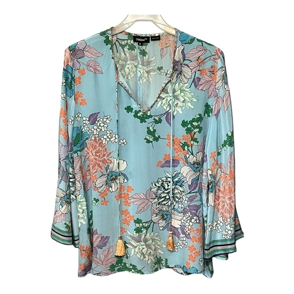 Tolani Flare Sleeves Silk Blouse Blue Multi V-Neck Floral Farrah Top Medium